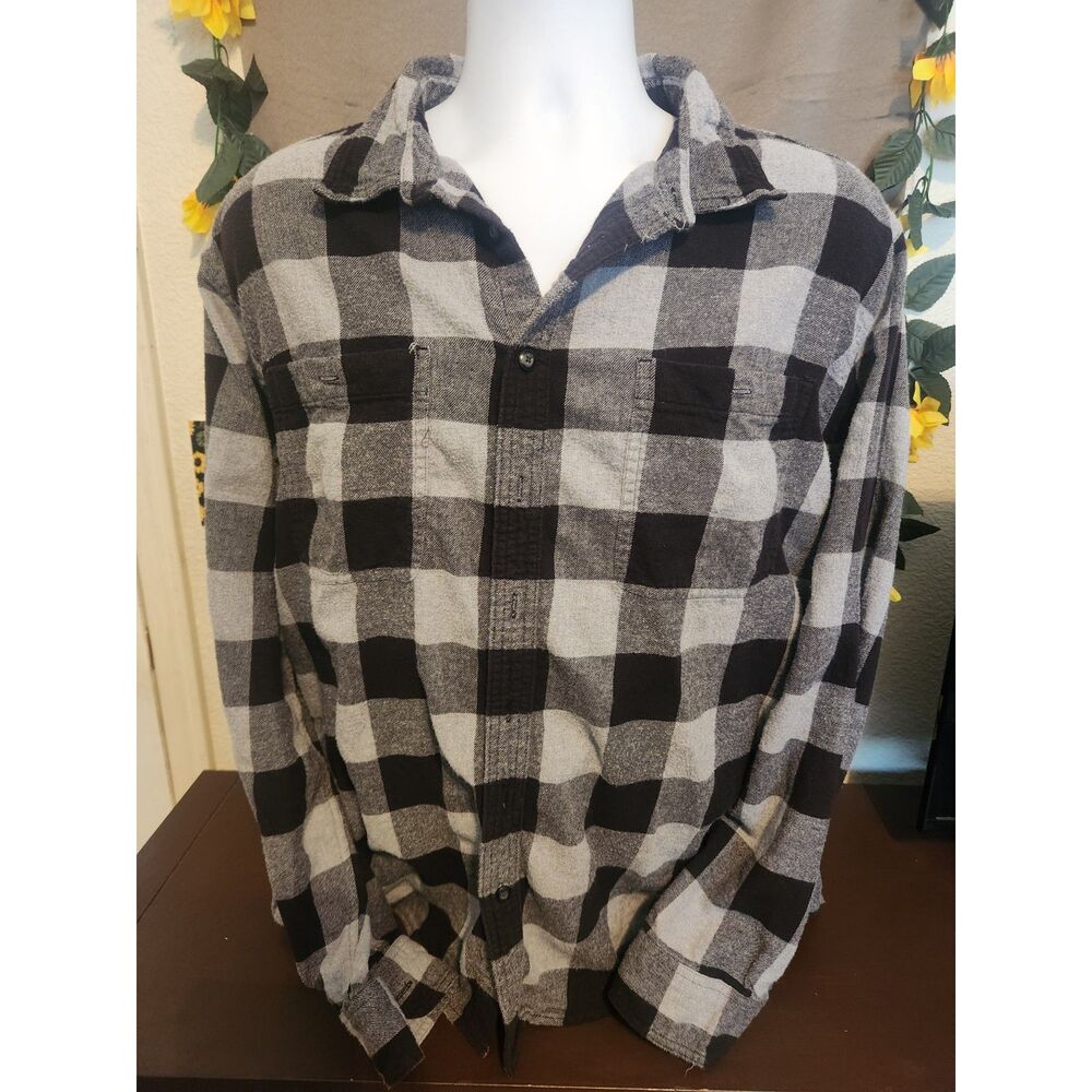 Sonoma Mens Flannel Shirt Buffalo Plaid Grey Black Long Sleeve Button Front XXL